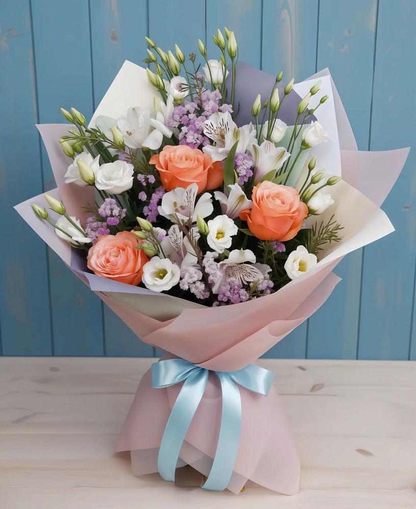 Букет цветов из: Лизиантусы, Розы, Альстромерии и Гипсофила в Автополигон