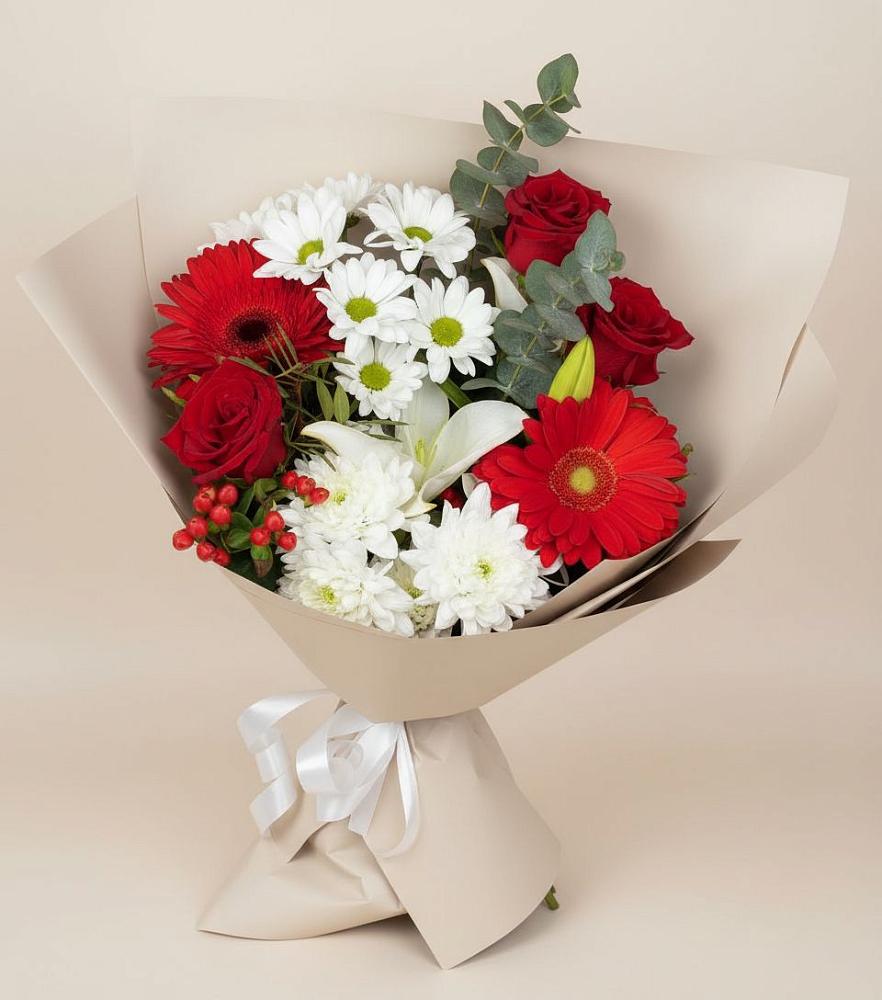 Букет цветов из: Розы, Хризантемы, Герберы и Лилии в Автополигон