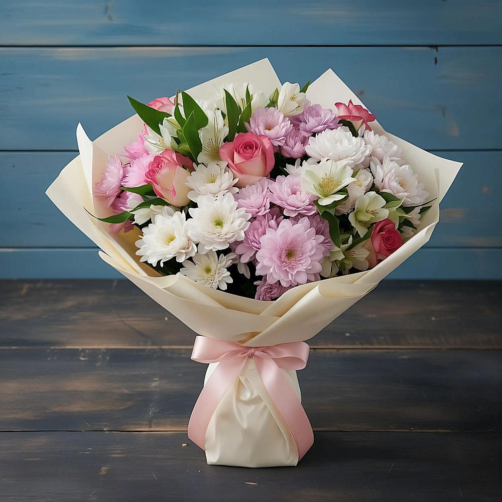 Букет цветов из: Хризантемы, Альстромерии и Розы в Автополигон